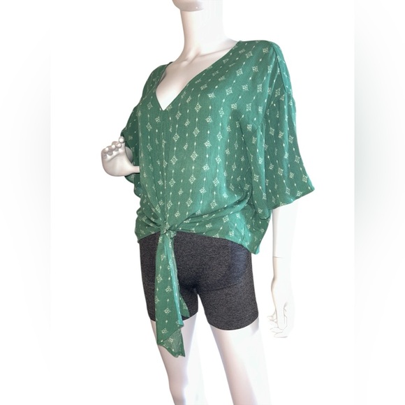 Green V-Neck Tie-Front Women's Top - Picture 2 of 7